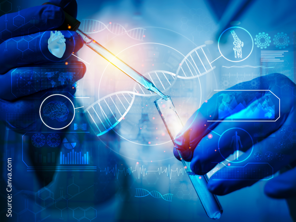 gloved hands hold a test tube, surrounded by medical symbols