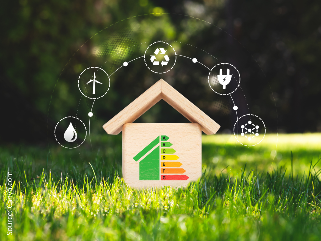 a little house made of building blocks on the grass, surrounded by sustainability symbols